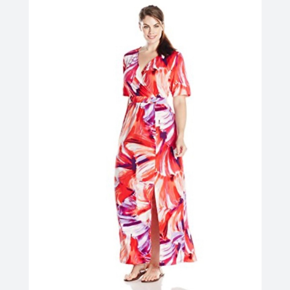 NY Collection Floral Printed Elbow Sleeve Surplice Maxi Dress w/Slit Size 2X